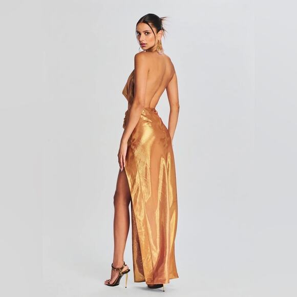 RETROFETE Cleo Silk Chiffon Maxi Dress Nude Glitter Adjustable Halter Side Slit - Picture 4 of 10